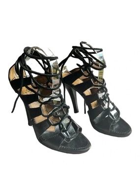 Yves Saint Laurent Black Leather Moorland Lace Up Gladiator Heels